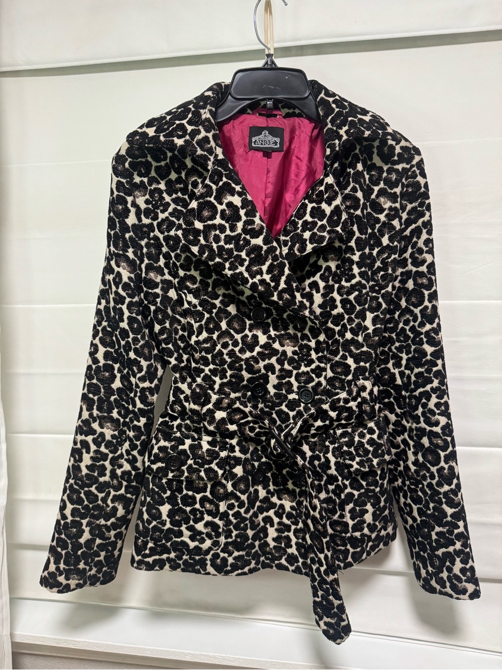Angie Leopard Print Peacoat Jacket - Black & Cream with Pink Lining